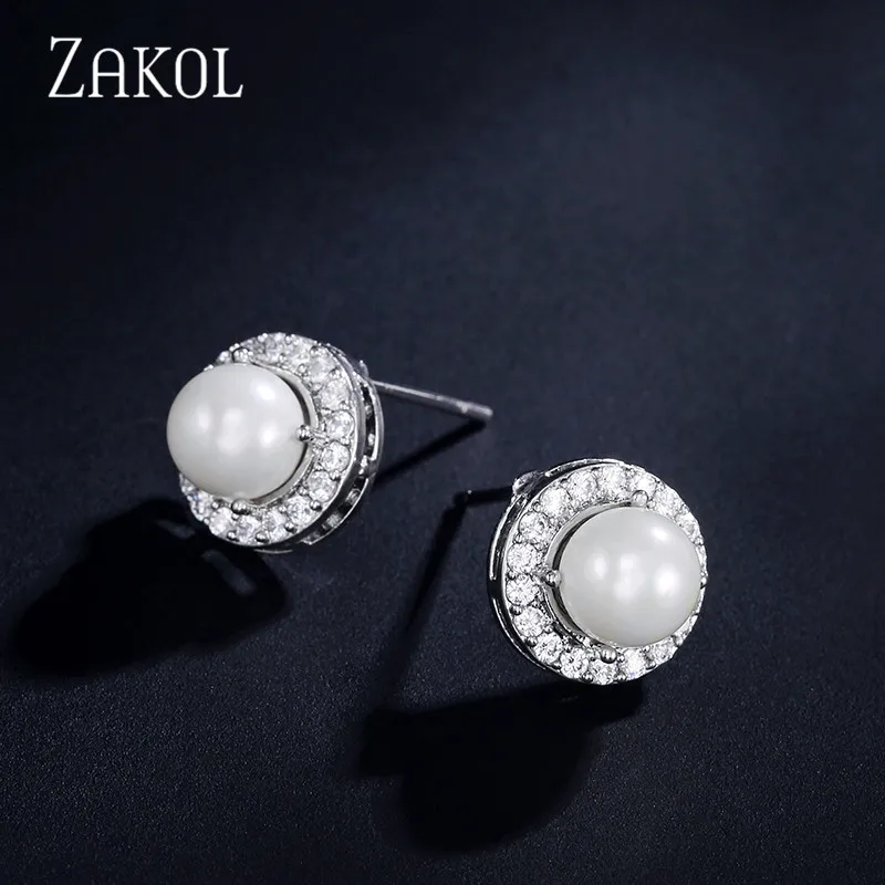 ZAKOL White Round Pearl Stud Earrings for Women Fashion Cubic Zirconia Bridal Wedding Jewelry EP2258