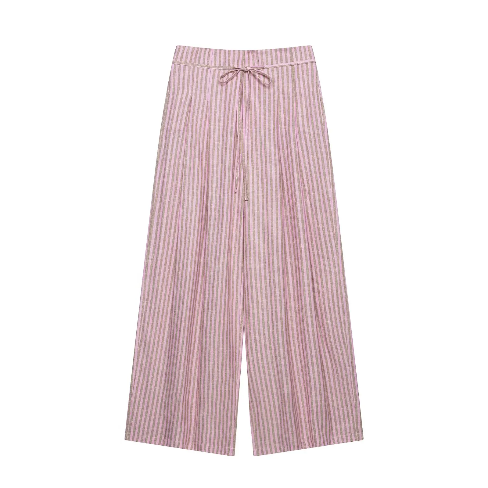 Women's Striped Pants 2026 New Summer Mid-waist Lace Up Pleats Casual Female Fashion Vintage Wide-leg Pants