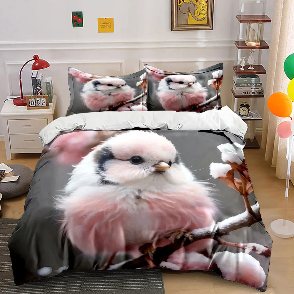 3Pcs Fluffy Pink Baby Bird Snowy Cherry Branch Duvet Cover Set, Realistic Winter Animal Bedding Single Double King Queen,Gift