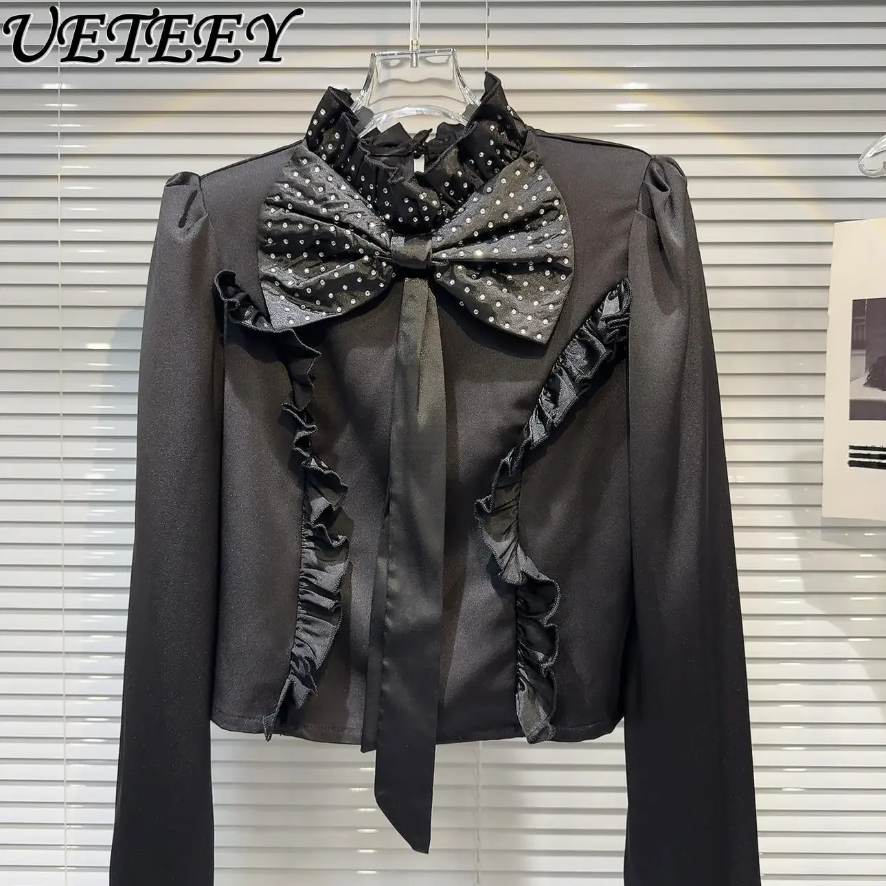 Autumn New French Celebrity Hot Diamond Bow Shoulder Pad Shirt Temperament Stand-up Collar Long Sleeve Black Versatile Top