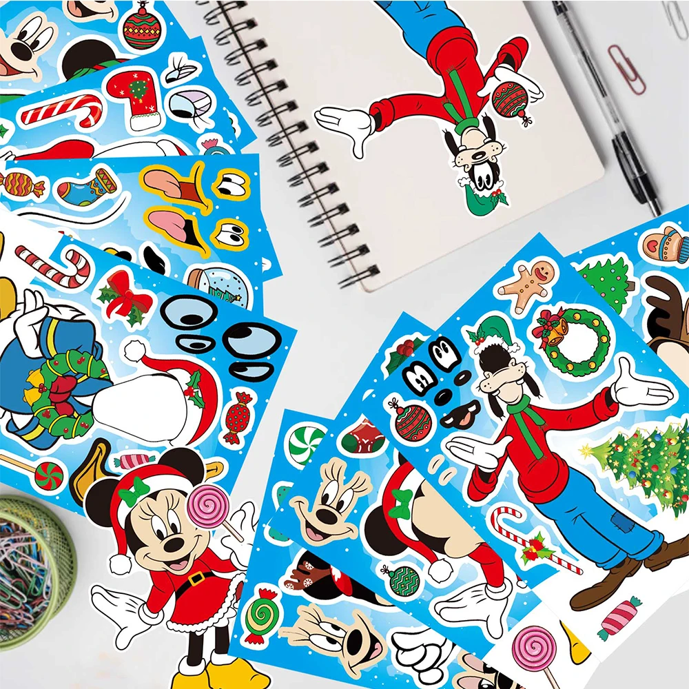 

8/16sheets Disney Cartoon Anime Mickey Mouse Puzzle Stickers Make A Face DIY Game Decals Cute Children Jigsaw Education Sticker