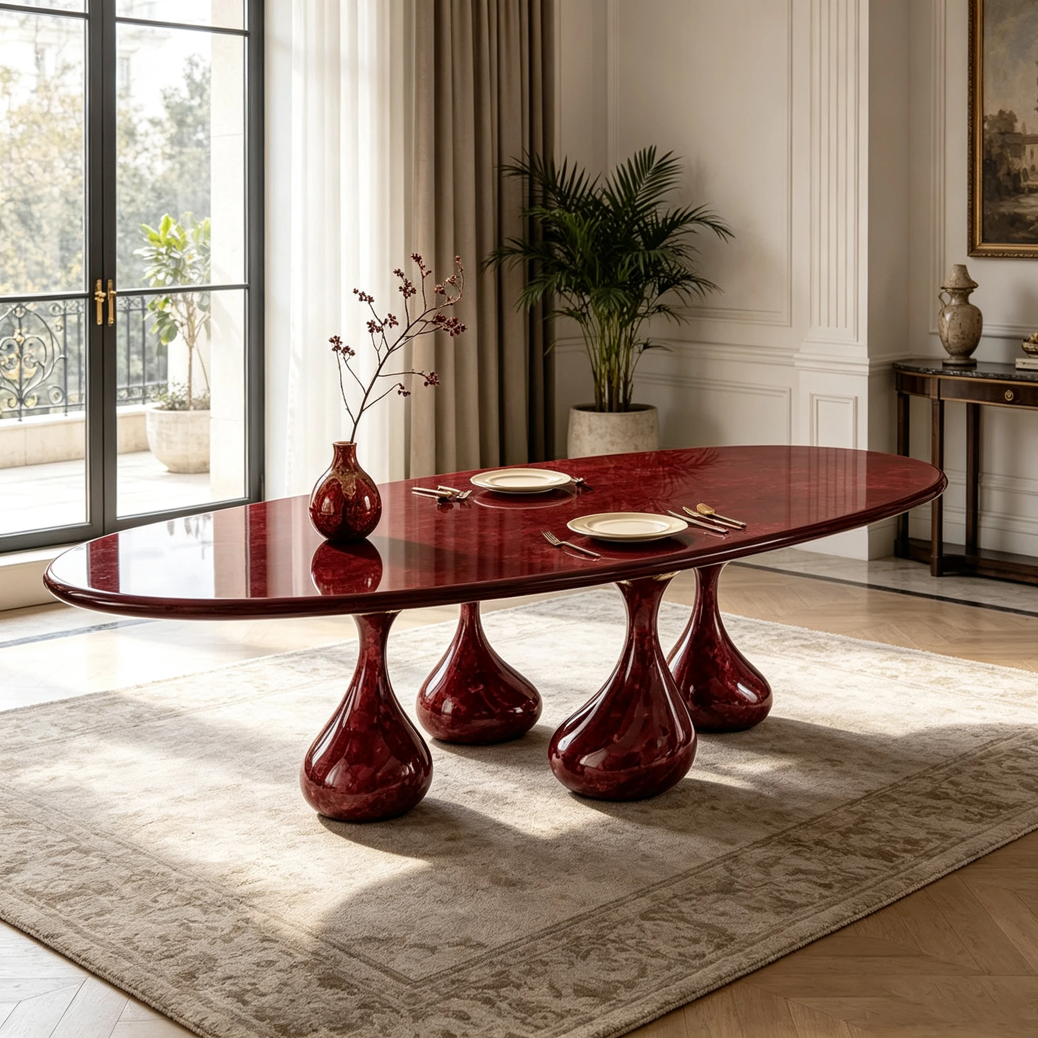 G*-Modern Glossy Burgundy Oval Dining Table Unique Teardrop Base Dinner Table for Home Furniture Decoration