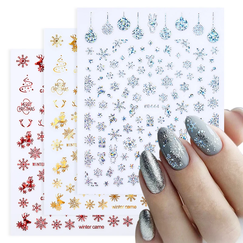 Christmas 3D Nail Stickers  Snowflake Flowers Pattern Nail Art Decals Fluorescent Xmas Winter Sliders for Nail Charms