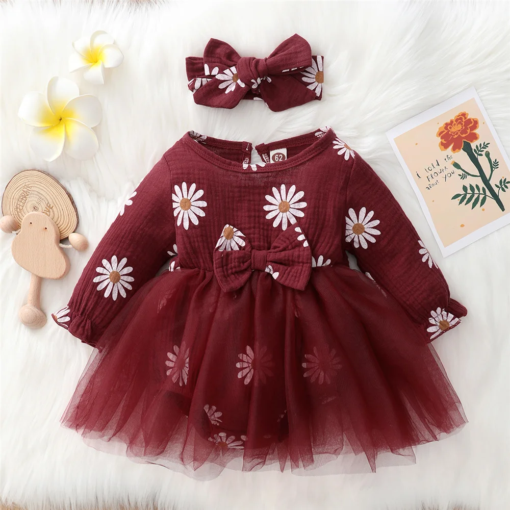 Newborn Baby Girl Romper Dress Long Sleeve Flowers Print Tulle Bodysuit Red Holiday Celebration Clothing Princess Dress