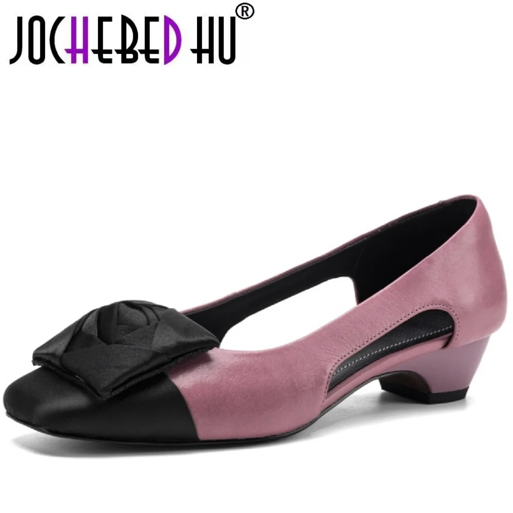 

【JOCHEBED HU】Women's Handmade Genuine Leather Square toe buckle slip-on high quality soft elegant ladies Mid heel shoes 34-40