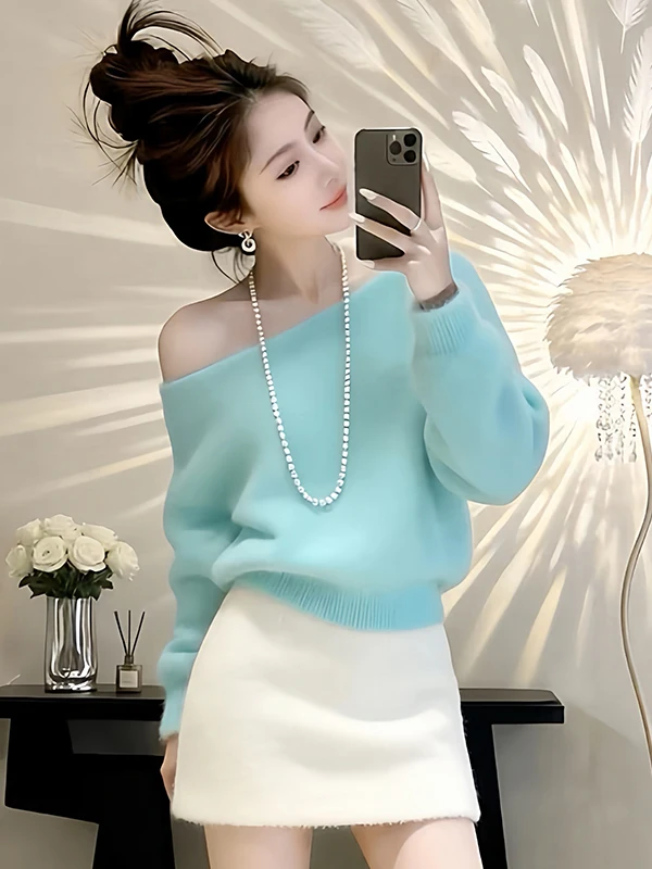 

Уникальный красивый вязаный свитер с открытыми плечами и длинными рукавами, женский модный весенний новый топ с имитацией норки, повседневная кофта