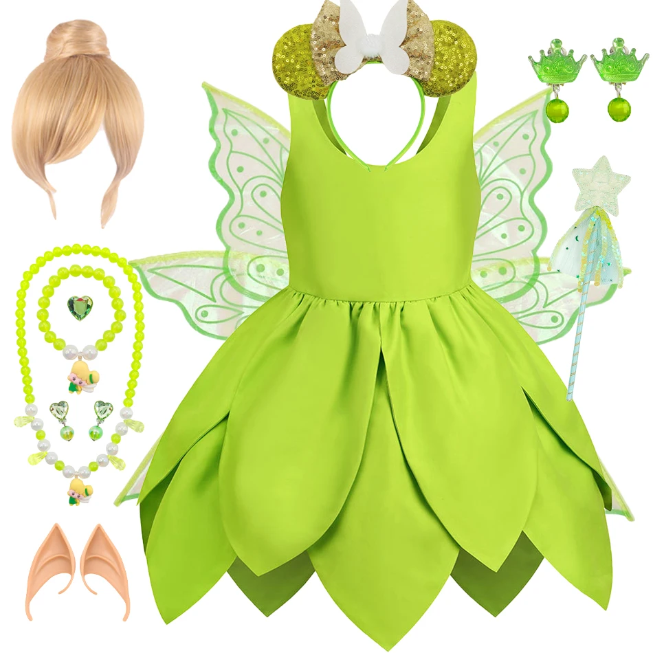 

Платье феи колокольчика для маленьких девочек, детский костюм для косплея с зелеными листьями и эльфом леса, костюм на день рождения, костюм для Хэллоуина