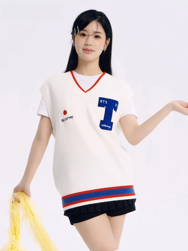 

Летний женский жилет нового дизайна с V-образным вырезом и надписью, универсальный, белый, без пуговиц, однотонный, стандартной длины