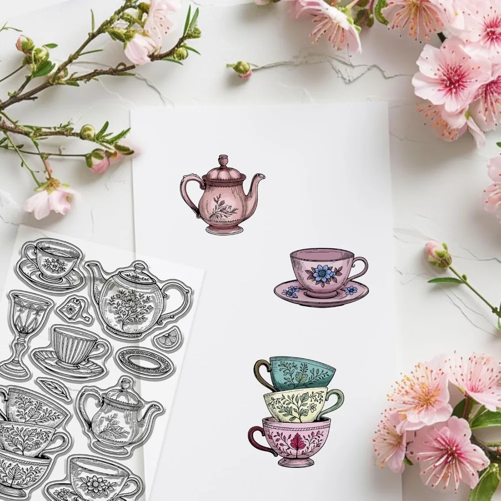 Teacup Teapot Clear Stamp for Scrapbooking Flower Pattern Stamps Vintage Tableware Stamp for Making DIY Embossing Journaling