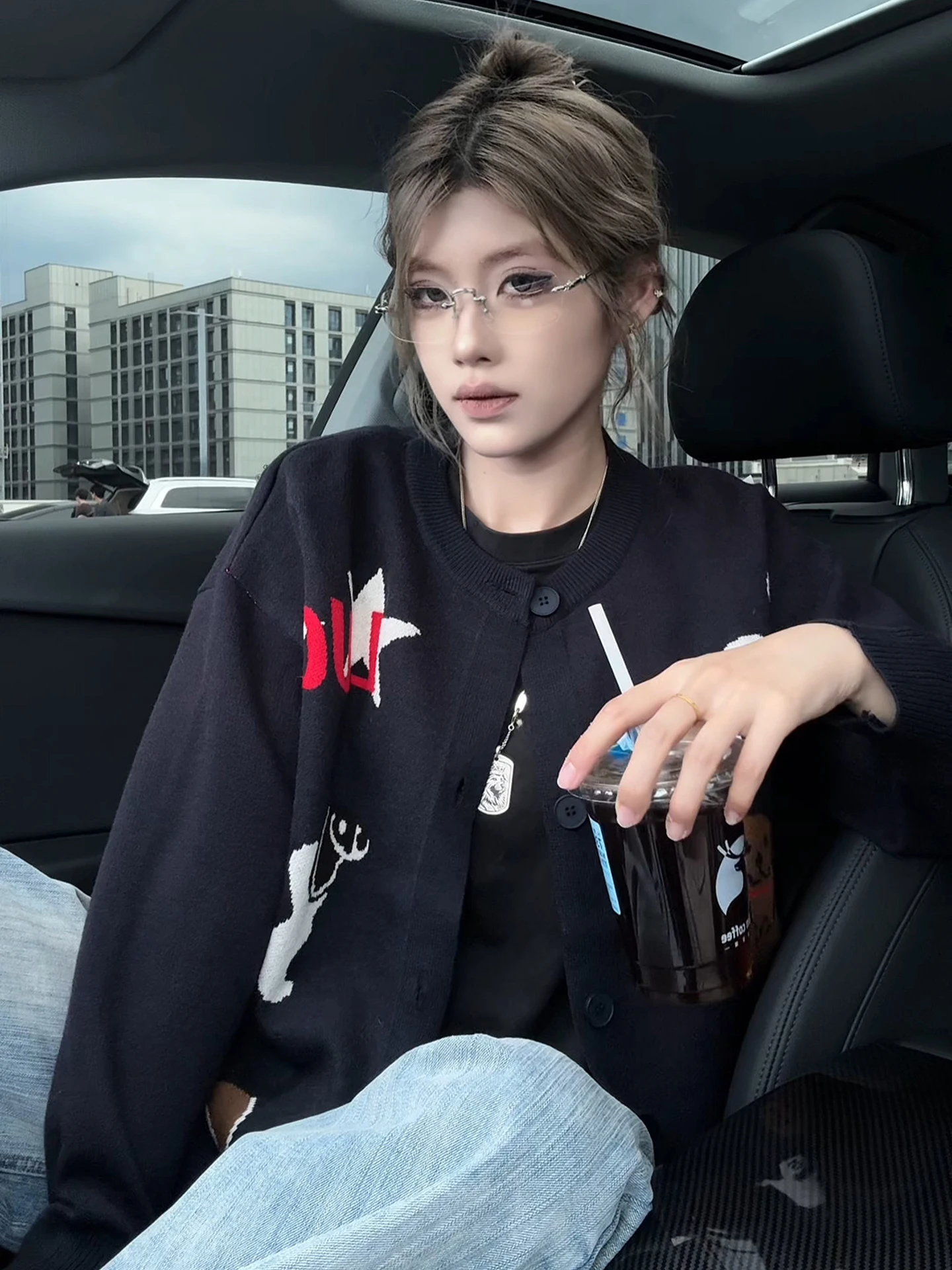 

Bla Dog Knitted Sweater ex Spring Autumn Lazy Sle High Quali Couple Open Cardigan Coat Loose Fit Long Sve round ...