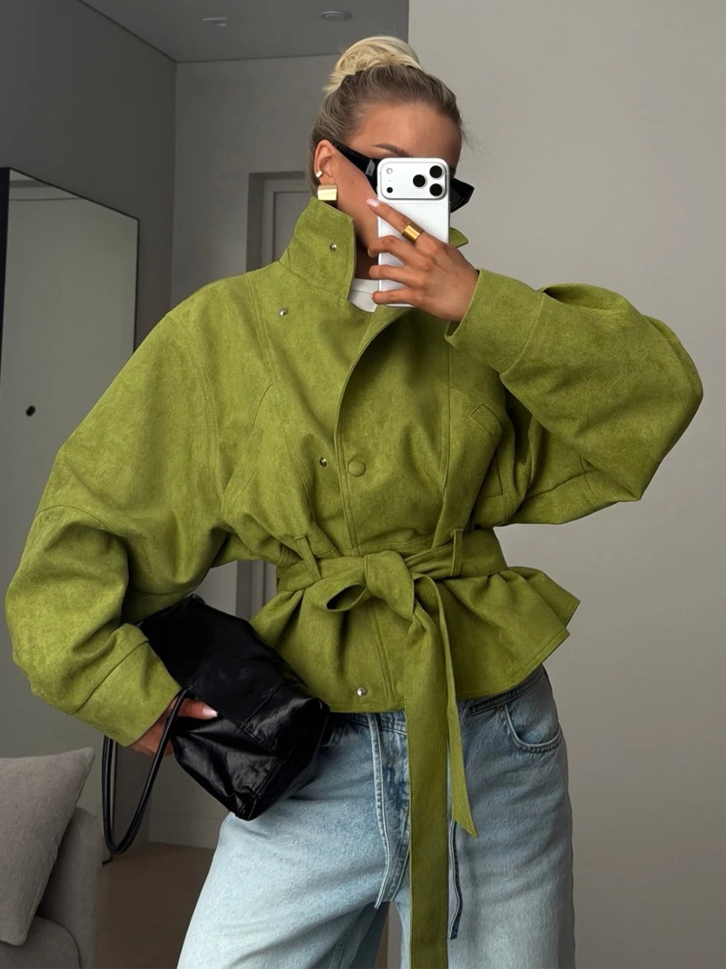 Neue Herbst-Wildlederjacke für Damen, Vintage, dick, lässige Oberbekleidung, mit Schnürung, Revers, grüne Tasche, kurzer Mantel, High Street