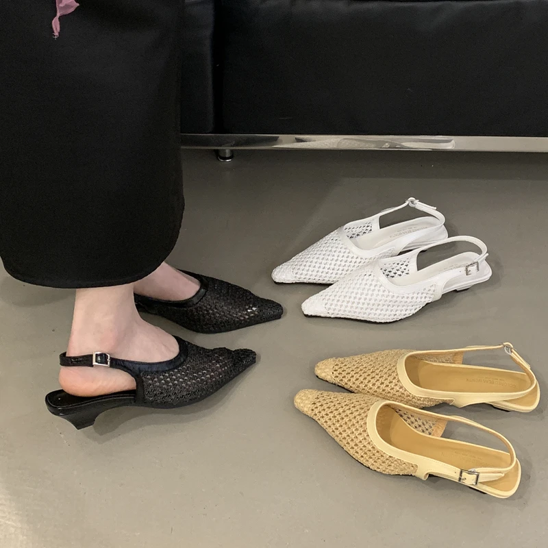 

SUOJIALUN 2025 Summer New Brand Women Sandal Shoes Fashion hallow Mesh Ladies Elegant Dress Slingback Shoes Square Low Heel Mule