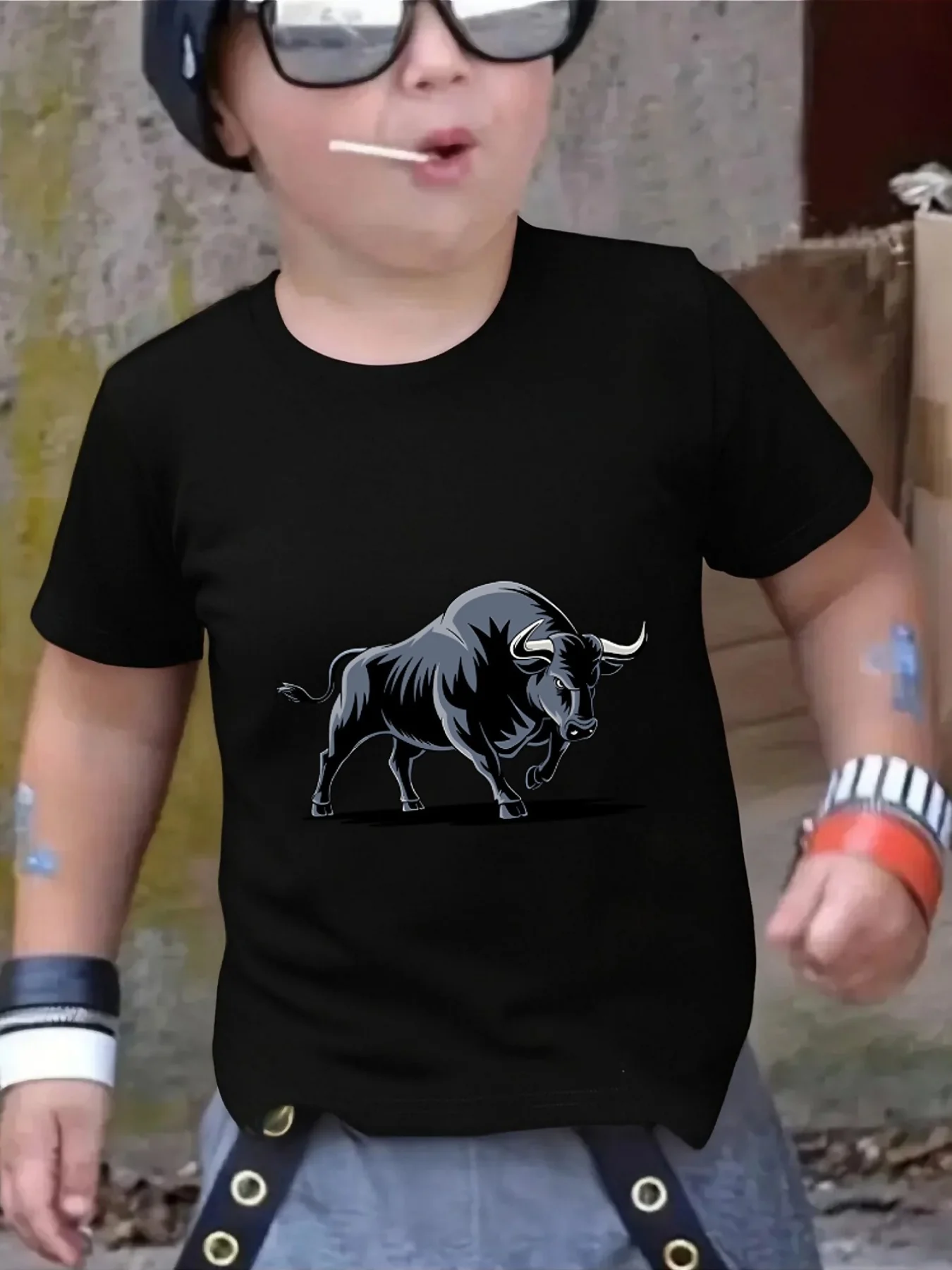 Cute Fierce Black Bull Vintage Art Print Family Matching T Shirt Boys Girls Short Sleeve Parent Child Soft Cotton Casual Tops
