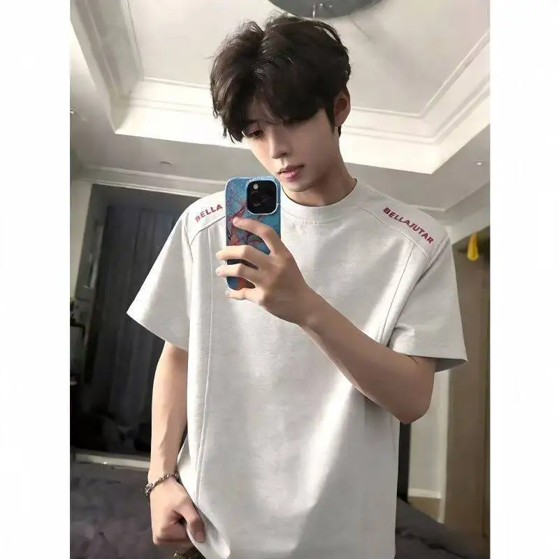 American Casual Embroidered round Neck Short Sleeve T-Shirt Structure Mosaic Half Sleeve Summer High Sensation Men's Fashion