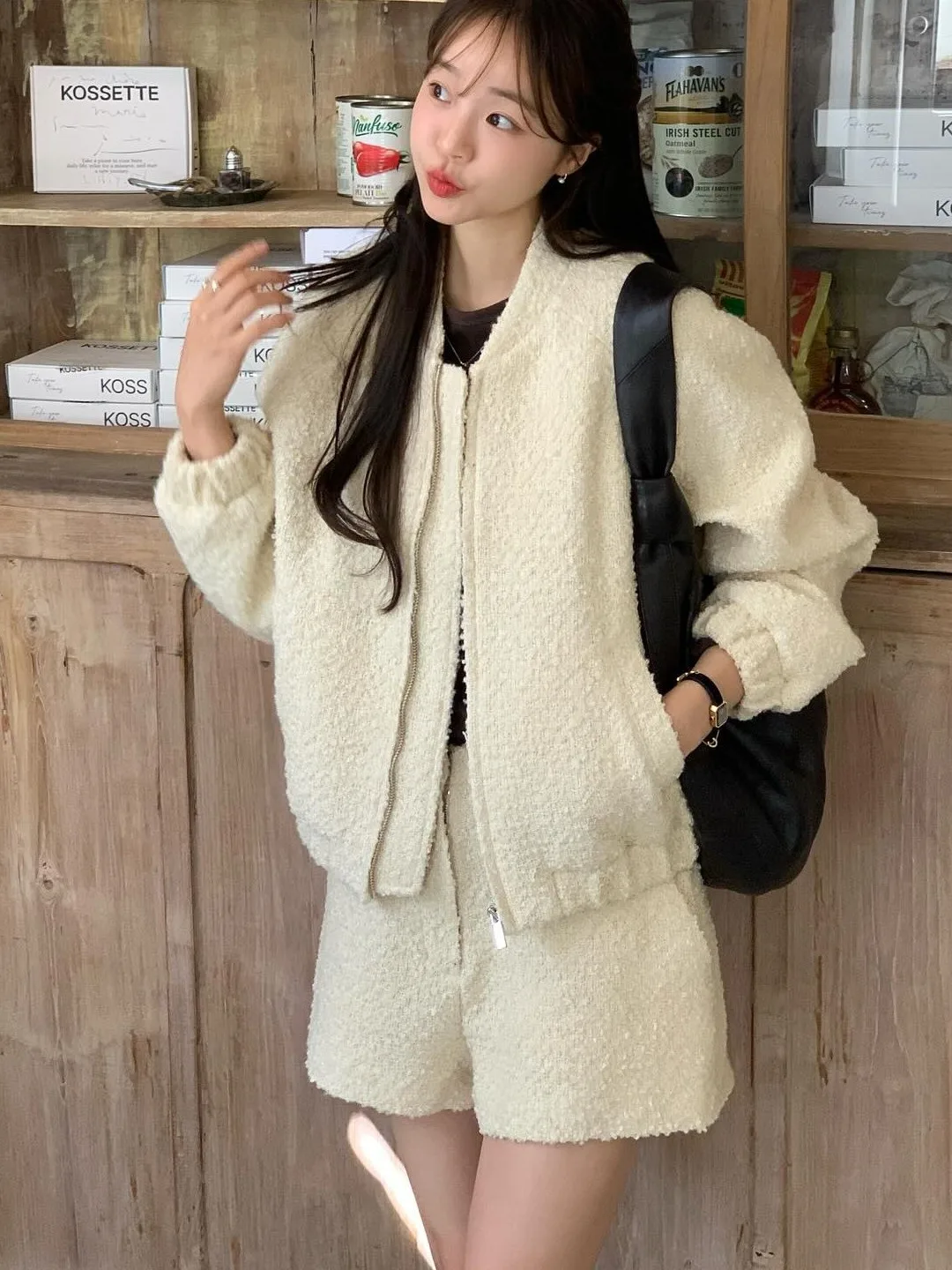 

East Gate Small Fraance Sle Stand Collar Tweed Jaet ort Outerwear Women Casual orts Two Piece Set Spring Faion