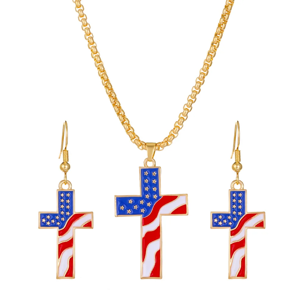 

American Independence Day European American Ins Style Stars Stripes Cross Pendant Earrings Necklace For Woman Jewelry Set Gifts