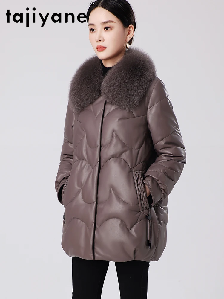 TAJIYANE 100% Skórzany płaszcz puchowy z owczej skóry dla kobiet, średniej długości, kurtka ze skóry naturalnej, kołnierz z futra lisa, płaszcze zimowe 2025, nowa kolekcja odzieży damskiej 신상아우터