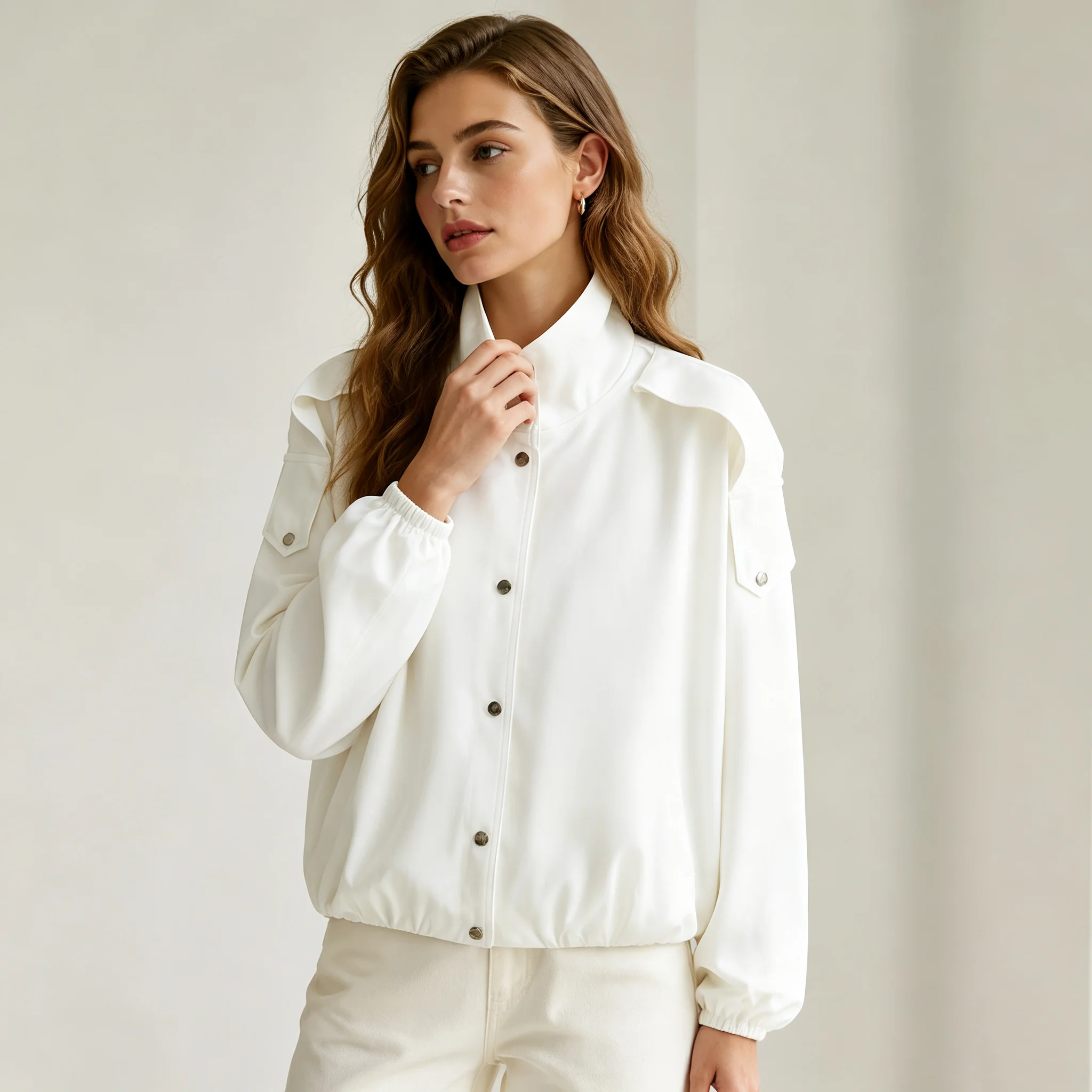 RU Ladies High Stand Collar Metal Snap Button Shoulder Flap Cargo Pocket Elastic Cuff Hem Loose Light Utility Fashion Jacket