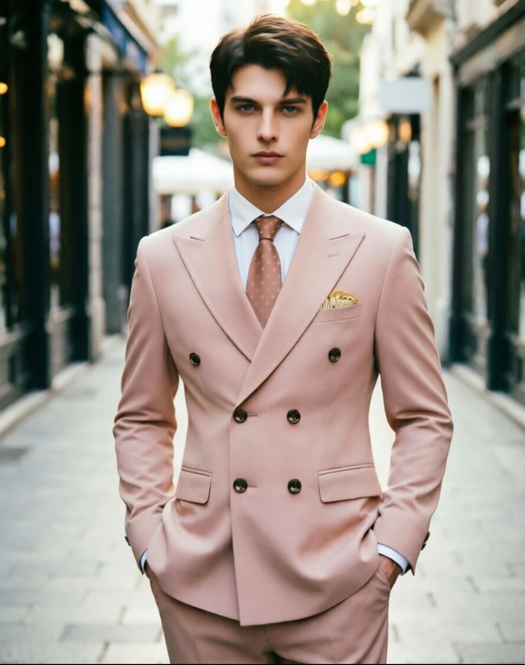 

Мужской костюм-двойка пыльно-розового цвета с двубортным пиджаком | Формальный пиджак с пик-лапельным воротником и брюки | Свадебный деловой костюм класса люкс, приталенного кроя