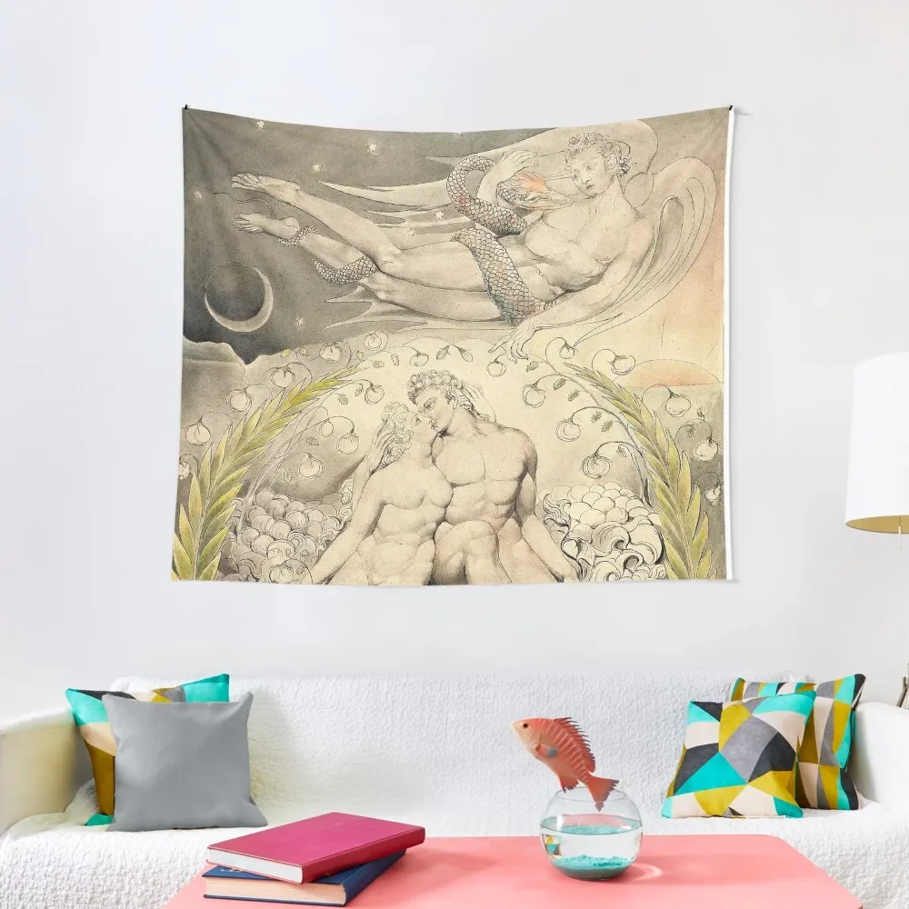 HD сатана наблюдает за конечностями Адама и Евы, Уильям Блейк высокое разрешение (оригинальные цвета) гобелен