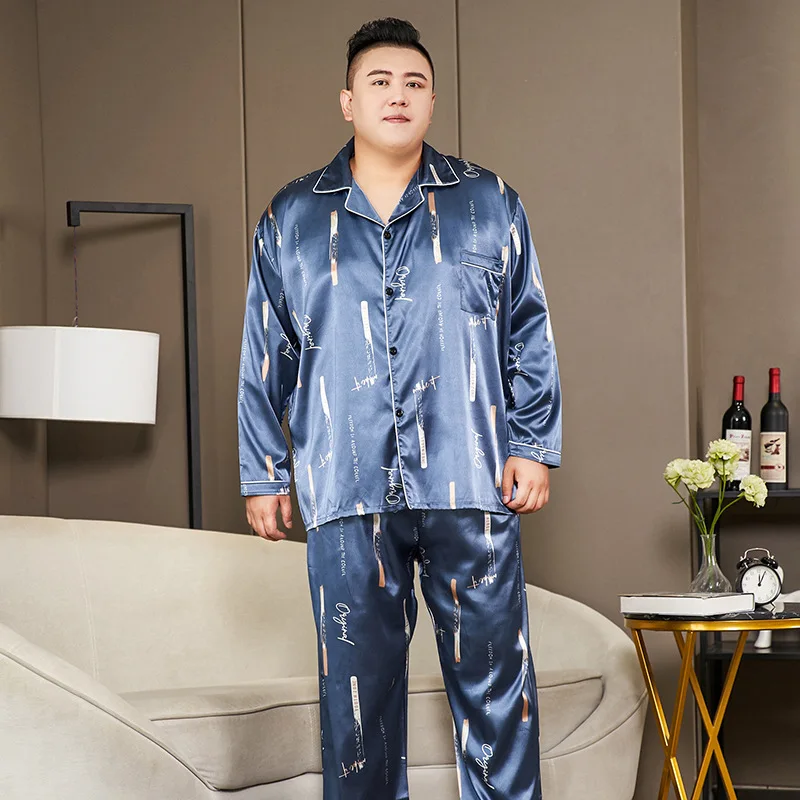 Spring Autumn Men's Thin Imitation Silk Pajamas Set Long Sleeve Casual Home Suit 5XL Plus Size Loose Fit Ice Silk Sleepwear