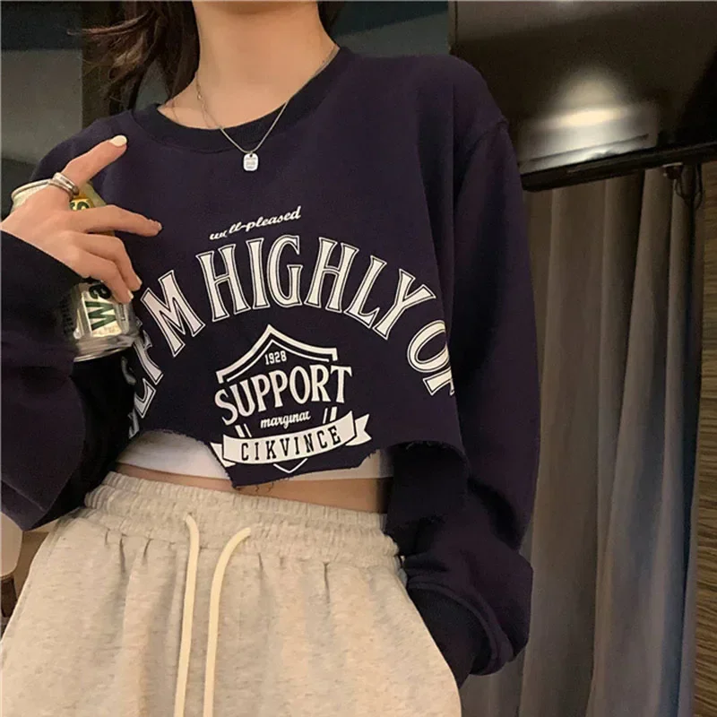 Women O-Neck Irregular Sweatshirts Letter Printed 2024 Spring Autumn Korean Fashion Crop Tops Harajuku Punk Gothic Streetwear