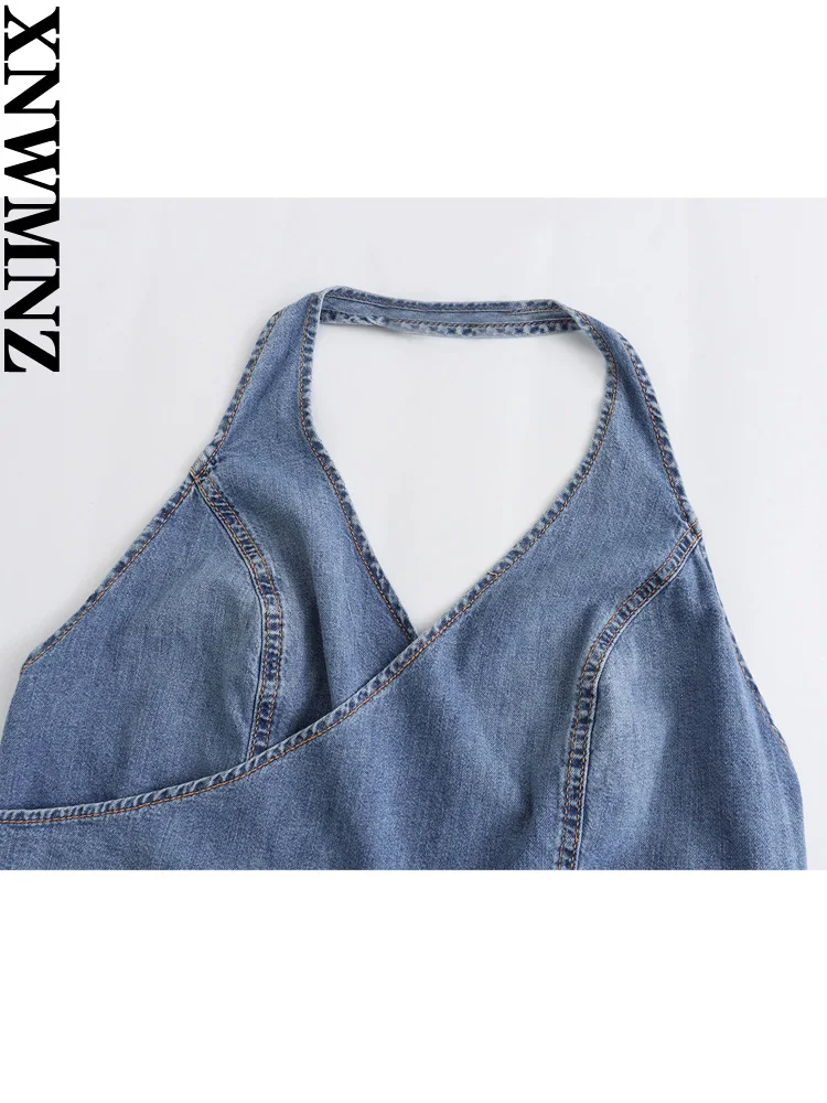 XNWMNZ Women\'s Fashion 2023 Denim Surplice Top Women\'s Vacation Style Halter Neck Open Back Tie Female Top