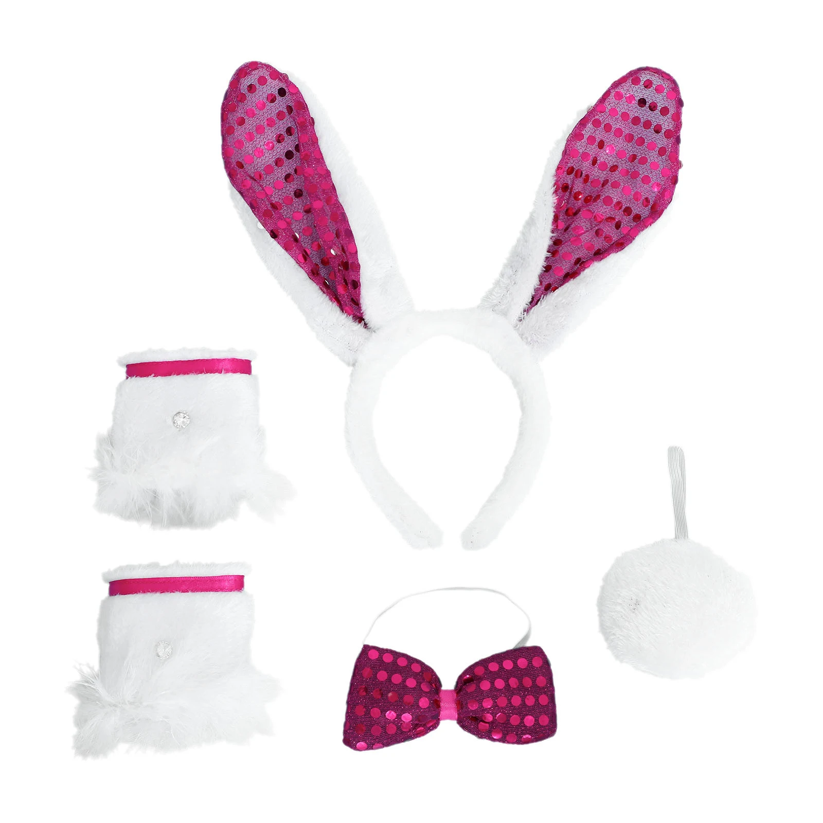 Halloween Bunny Costume Accessories Rabbit Ears Headwear Shiny Bowknot Fuzzy Wristband and Rabbit Tail for Womens Girls Cosplay