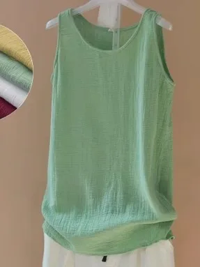 

Summer New Simple Cotton Linen Loose Svel Base irt Artistic Mid-Length T-irt Large Size Casual Comfortable Vest