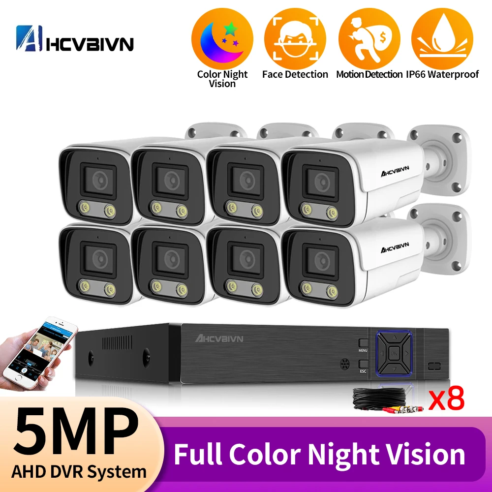 Kit de système de sécurité de caméra CCTV BNC, enregistreur AHD, vision nocturne colorée, étanche, kit de surveillance, 8 canaux, 6 en 1, 5MP