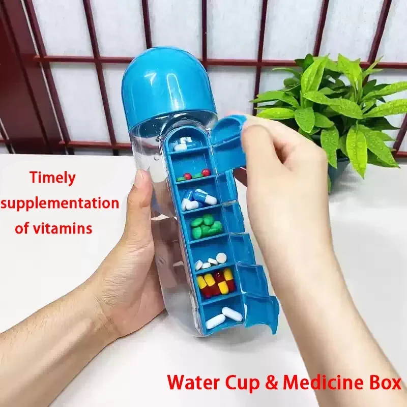 7-Day Pill Organizer Water Bottle, 600ml BPA-Free Leak-Proof Drink Bottle with Weekly Medicine Compartments for Travel