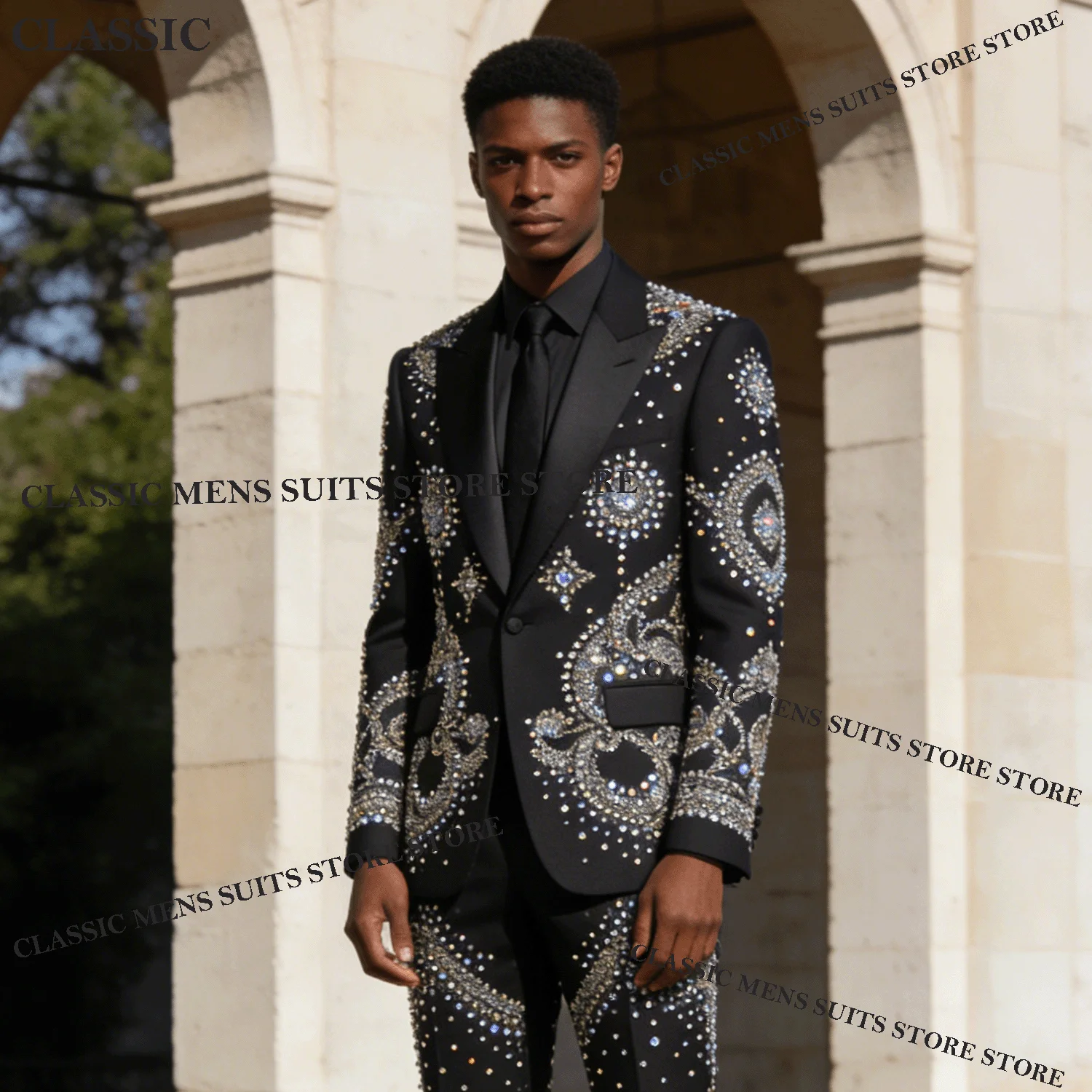 Glitter Tuxedos Men Suits Exquisite Diamond Decoration Peaked Lapel Groom 2 Pieces Set Customized Wedding Male Prom Blazers suit