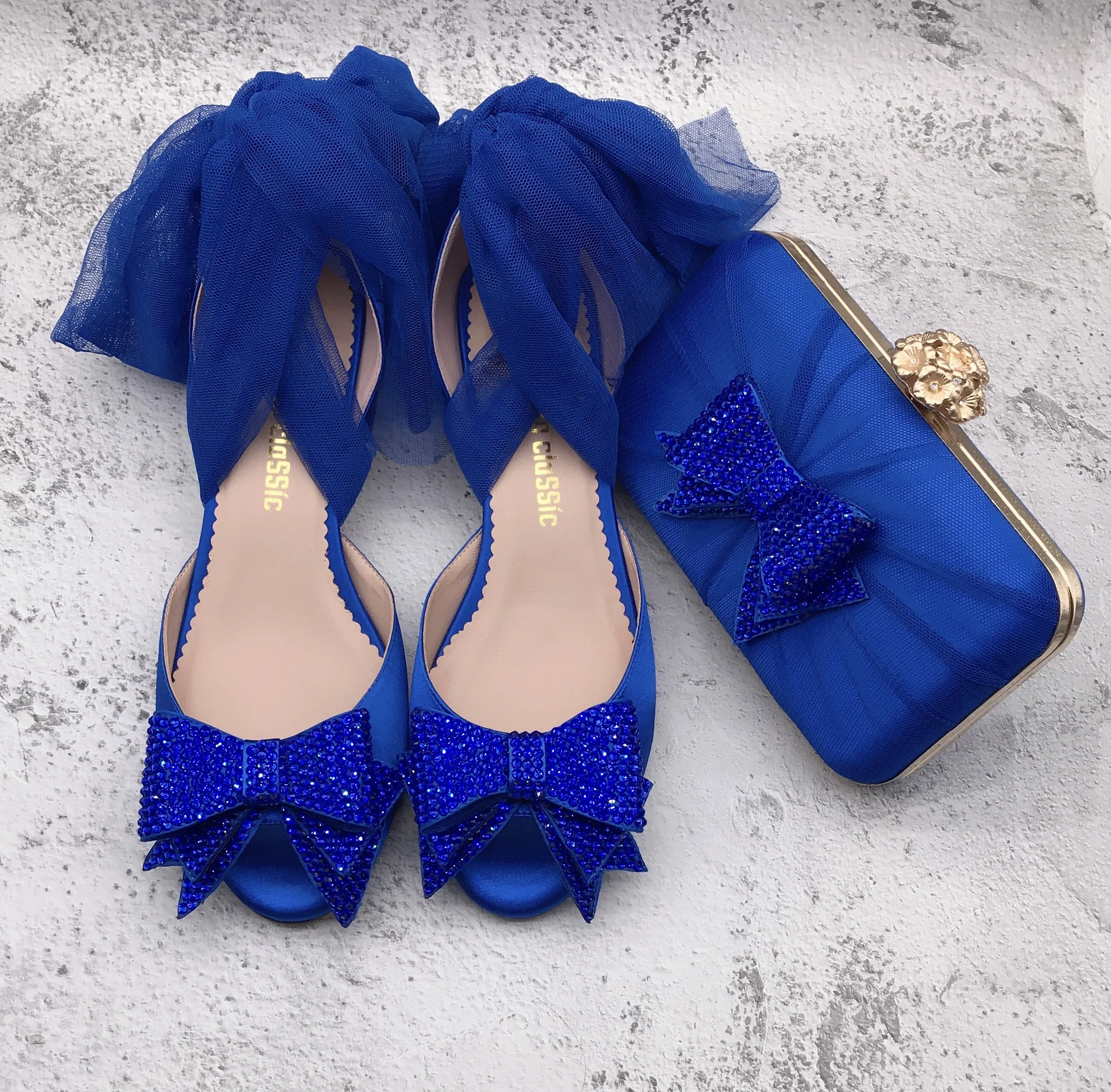 BS1587  Custom Made Women Shoes Dress Pumps  Bridal Wedding Shoes Royal Blue Crystal Tulle  Women Shoes  And Matching Bag