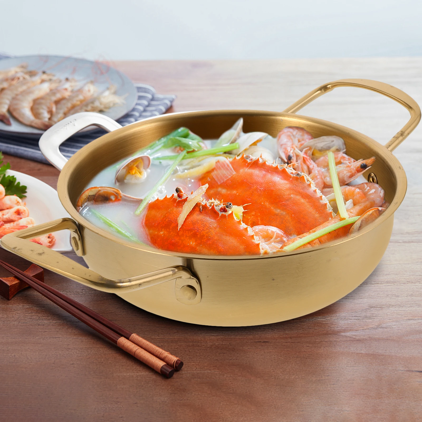 

1pc Stainless Stockpot Binaural Handles Uncoated Kitchen Ramen Pot Household Noodle Cooking Pot Even Heat Golden Color