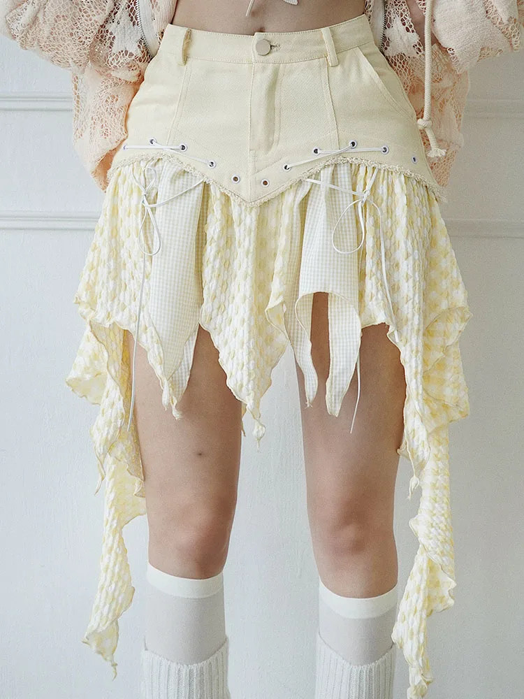 

Women's Gothic Harajuku Lace-Up Skirt, Punk, Milk Yellow, Irregular, Splicing, Sexy, Hip Hop, Fashion, New, Summer