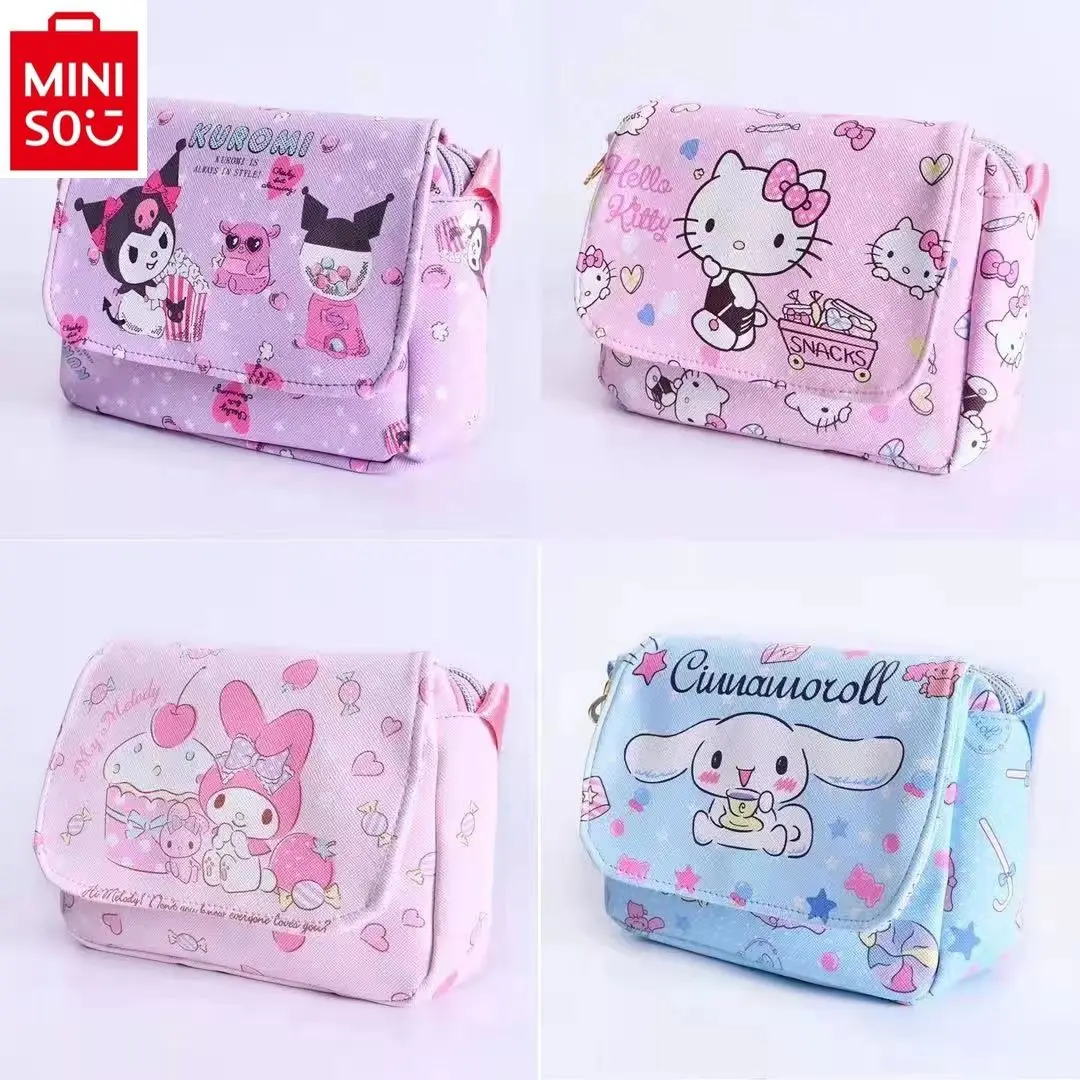 MINISO Hello Kitty Kuromi Flip Zipper Phone Bag for Women's Casual Cute Cartoon Print Large Capacity Storage Crossbody Bag