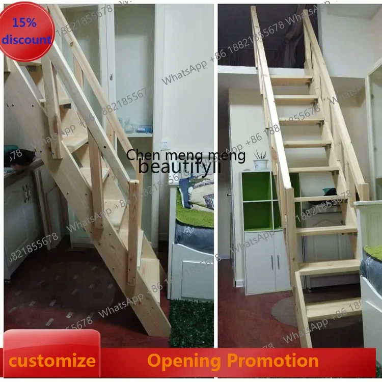 scn8617 Solid Wood Loft Stairs Household Duplex Ladder with Armrest Pine Wooden Simple Climbing Straight Ladder