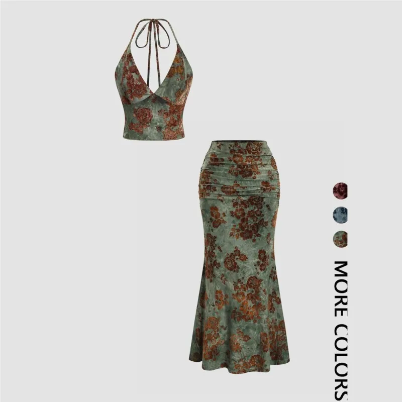 Fashionable Printed Skirt Two Piece Sets Summer Women Sexy Backless V-neck Halter Top With Drawstring & Fishtail Skirt Slim Set