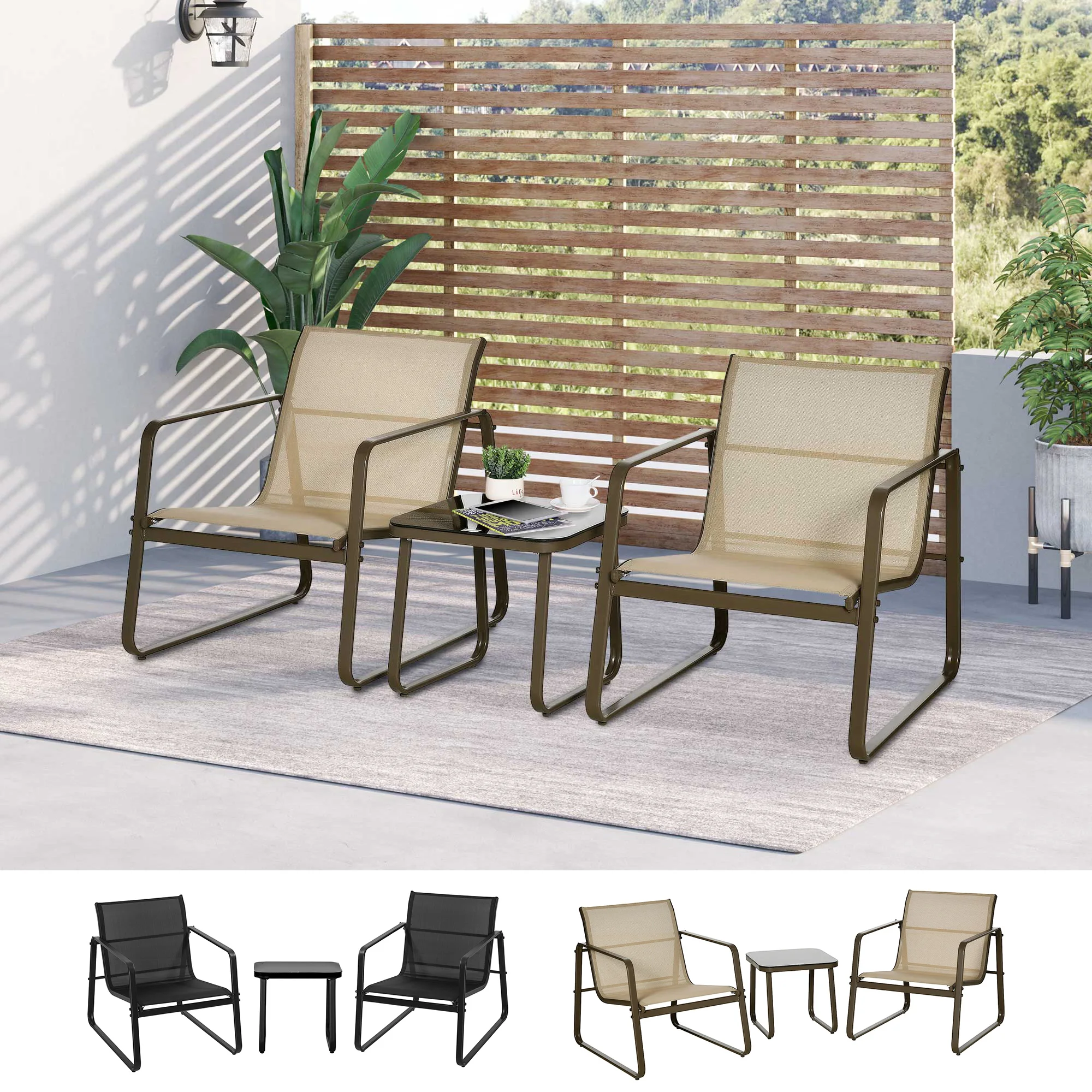 Outsunny garden furniture set 3 pieces tempered glass table 43x43x41 cm 2 Chairs 62x78x75 cm with armrest backrest