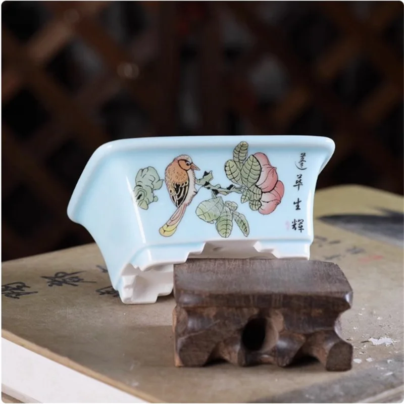 Porcelain Glazed Rectangle Bonsai Pot,Chinese Bird Pattern,Light Blue,Yellow,Bryophyte, Small Flower Plant,Garden