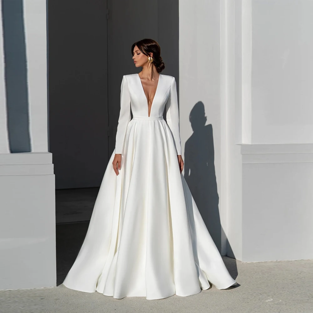 Furtangeo – robe De mariée en Satin, col en v profond, coupe trapèze, personnalisé, nouvelle collection, 2023