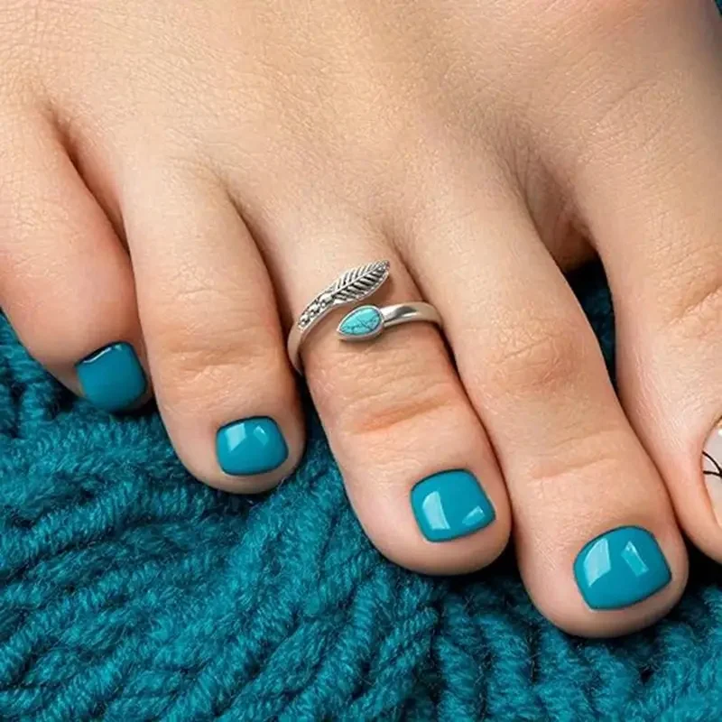 Retro Irregular S925 Silver Feather Oval Green Geometric Opening Adjustable Toe Ring Women's Daily Commuter Foot Ring
