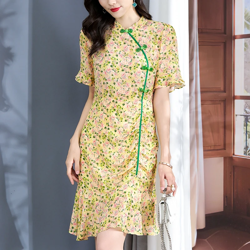 

Chinese Style Women's Cheongsam Dress 100% Real Silk Summer Elegant Vintage Dresses For Women Floral Ruffles Mermaid Dress Slim