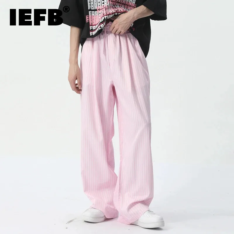 

IEFB New Casual Pants Korean Style Stripe Solid Color Trend 2024 Summer Lace-up Elastic Waist Male Wide Leg Trousers 9C5441