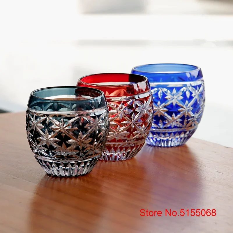 Japanese Edo Kiriko Color Crystal Shot Glass Sake Cups Hand Engrave Bright Stars Small Wine Glasses Vodka Spirit Liquor Tumbler