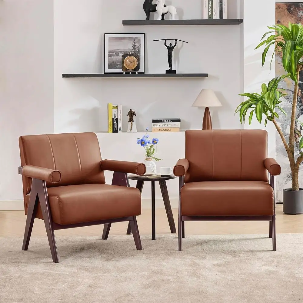 Brown Leather Accent Chairs Set o 2, Century ern Chair Set o 2, Side Arm Chairs or Living Room, Oice Gt Waiting Room Lobby Chair