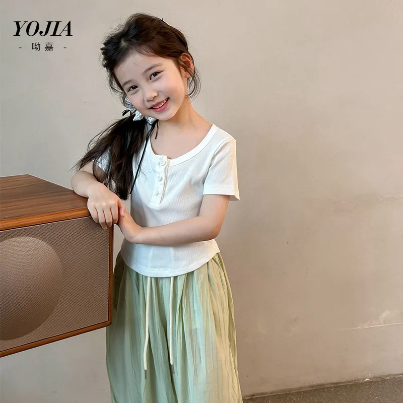 

Girls T-shirt Short Sleeve Top Summer 2024 New Korean Style Slim-fit Girls Children Casual Children Baby Girl White Shirt Top