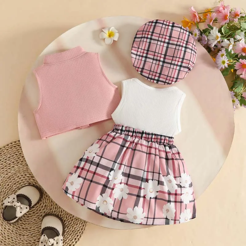 1–3 Years 3-Piece Set Baby Girl Clothing Summer Fashion Jacket+Sleeveless Plaid Skirts+Hats Toddler Outfits