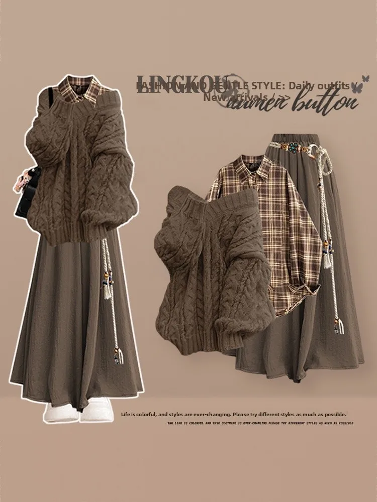 

plus Size Autumn Winter Casual Knitted Sweater Base Layer Loose Slimming Skirt Pants Three Piece Set Anti Aging Color Block