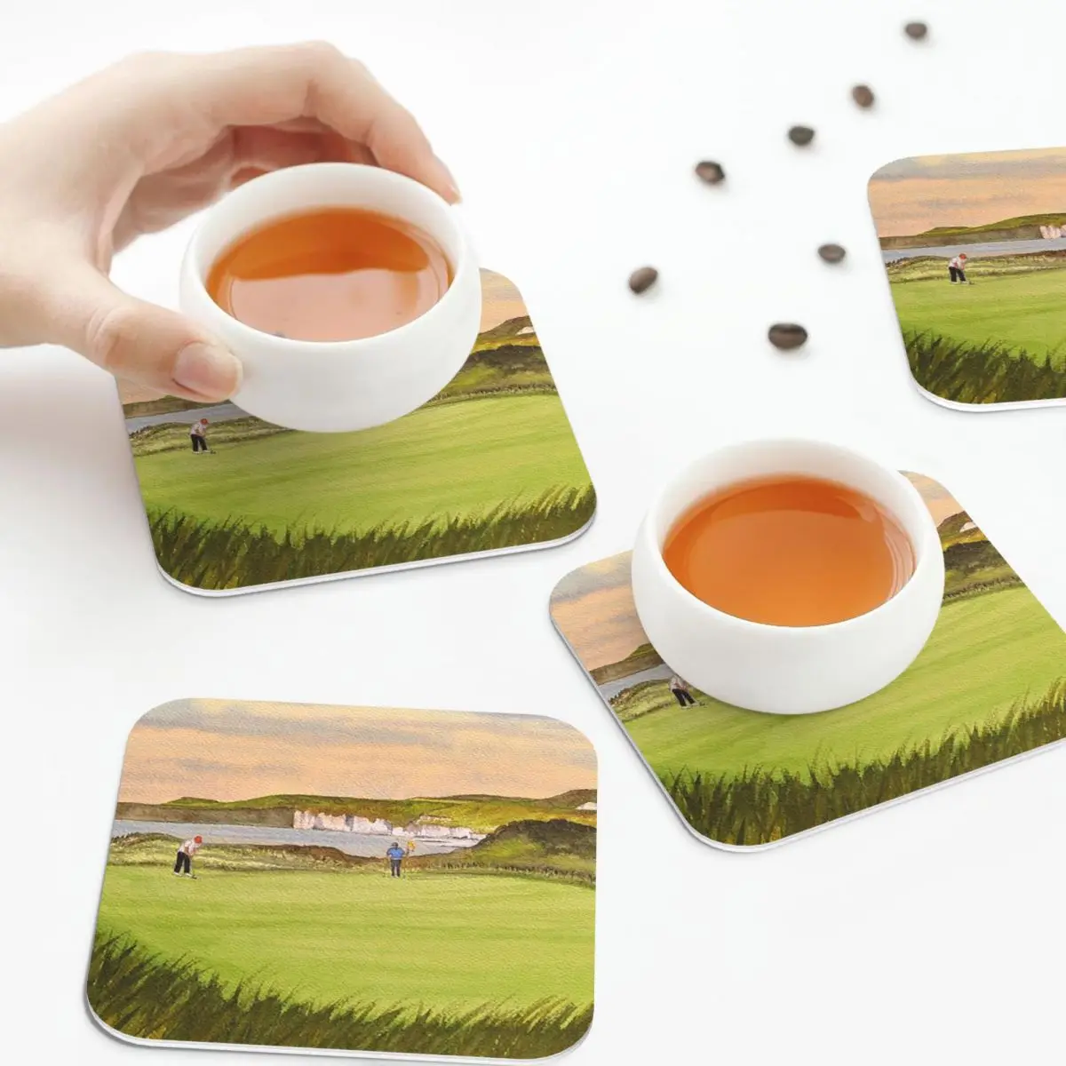 

Royal Portrush Golf Course 5th Hole Coasters Leather Placemats Non-slip Insulation Coffee Mats Home Kitchen Dining Pads Set of 4